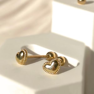 Dainty heart stud earrings, 10k solid gold heart stacking earrings, tiny stud earrings, stacking gold earrings, puffy heart stud earrings