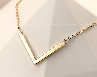 14K massief gouden V-ketting: minimalistische chevronhanger