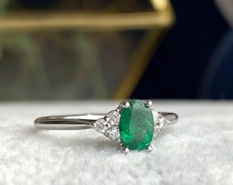 Emerald Engagement Ring: 14K Gold, Natural Diamond Accent