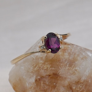 14K Gold Rhodolite Garnet Ring: Diamond Three-Stone Promise Ring