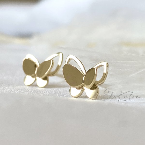 10K Massive Gold Doppel Schmetterling Ohrringe, Gold Schmetterling Ohrstecker, zierliche Gold Ohrringe, minimalistische Ohrstecker, Roségold Schmetterling