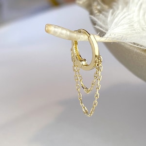 14K solid gold chain hoop earrings, chain huggie hoops, hoop with chain, dainty gold earrings, chain tassel earrings, drop chain hoops