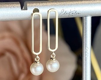 10K Gold Dangle Pearl Earrings, Pearl Bar Earrings, Pearl Drop Earrings, June Birthstone, Dainty Earrings, Freshwater Pearl Jewelry