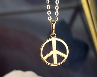 14K Solid Gold Peace Sign Pendant Necklace - Boho Hippie Jewelry