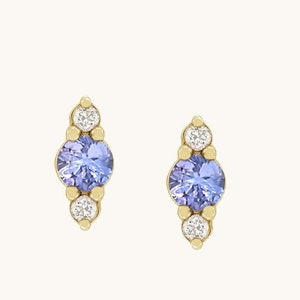 14K Yellow Gold Tanzanite and Diamond Earrings, 3MM Tanzanite Studs, Natural Tanzanite, December Birthstone, Round Tanzanite, Gift for Her