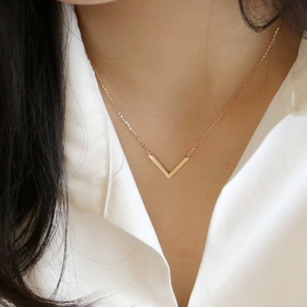 14K Solid Gold V Necklace, Chevron Necklace, V Pendant, Layering Necklace, V Shape, Minimal Jewelry, Statement Necklace, For Her