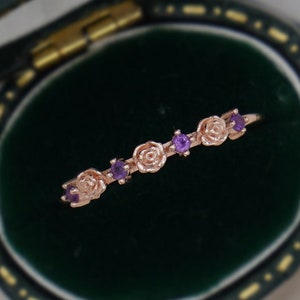 14K Rose Gold Amethyst Ring: Floral Stacking Band