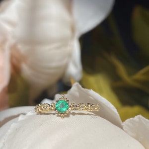 Dainty 14K Gold Emerald Ring: Vintage Diamond Promise Ring