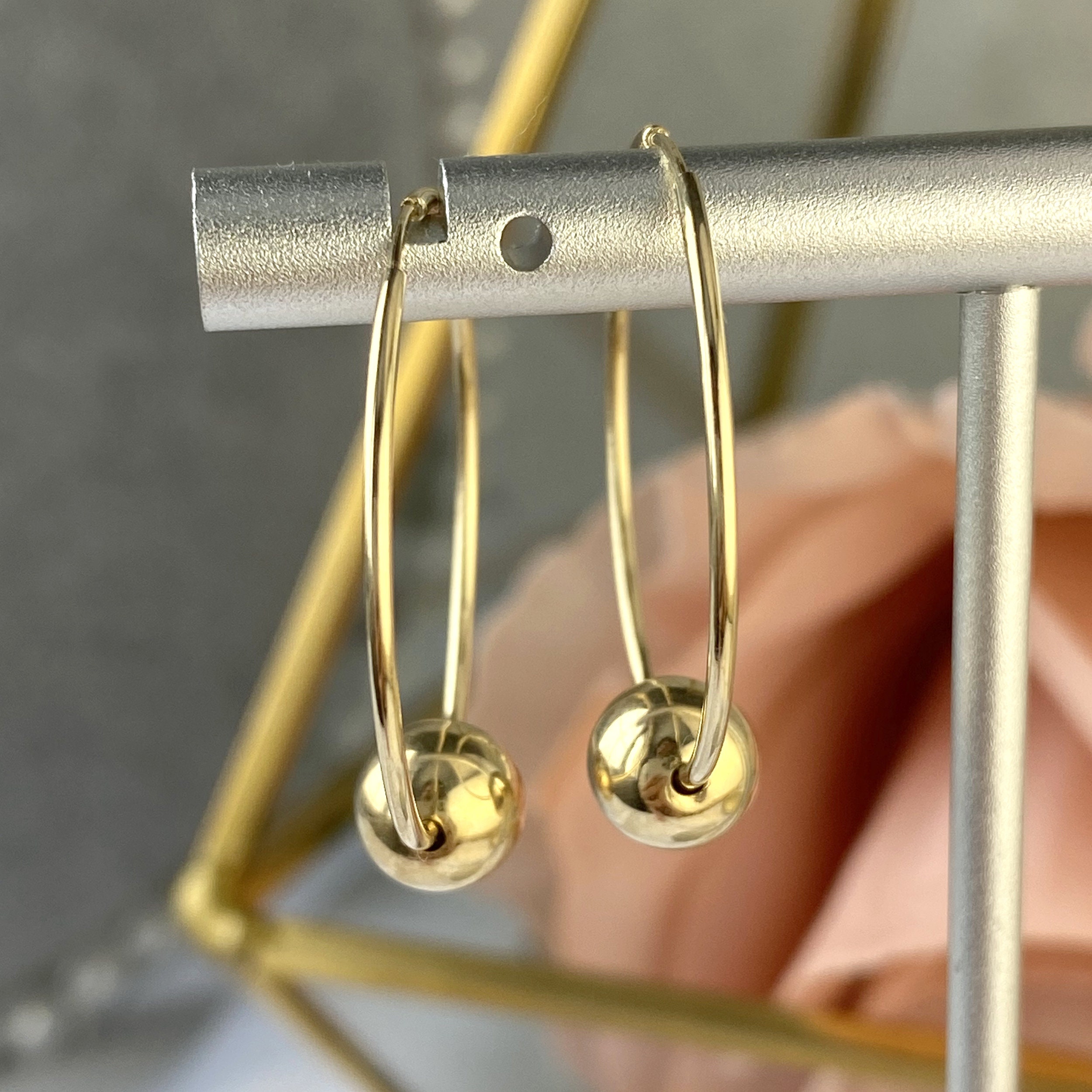 14K Solid Gold Ball Hoops Minimalist Hoop Earrings Large Etsy