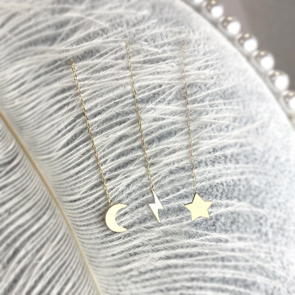 10K Solid Gold Threader Earrings, Star Ear Threader, Celestial threader earrings, dainty dangle earrings, Minimalist chain earrings