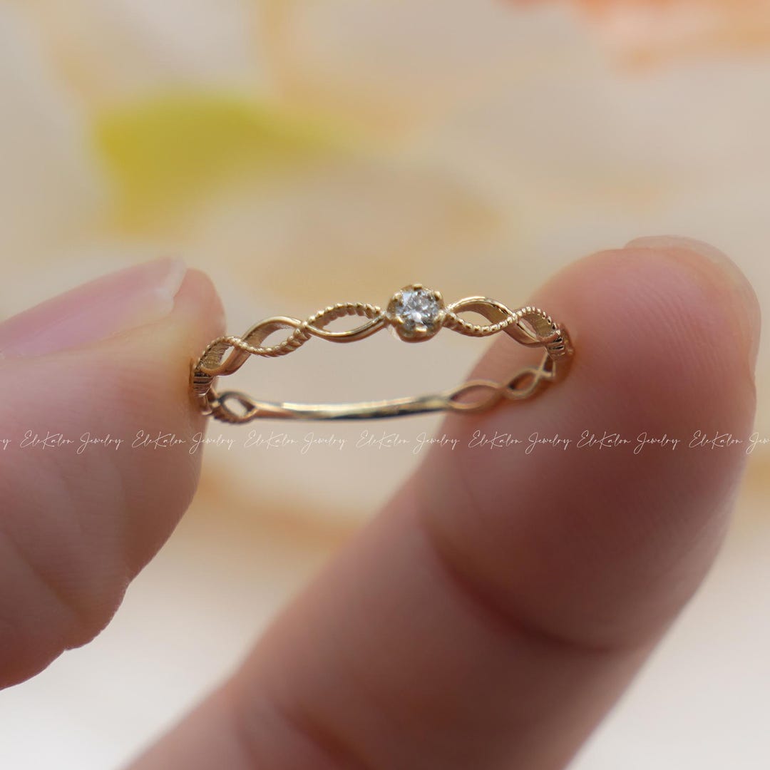 9K Gold Diamond Ring: Dainty Twisted Band, Vintage Style