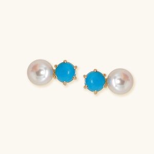 14K Gold Turquoise Pearl Studs: Dainty Toi Et Moi Earrings