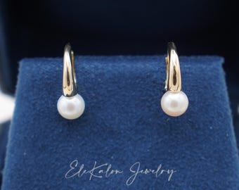 14K Solid Gold Pearl Huggie Hoops: Dainty Bridal Earrings