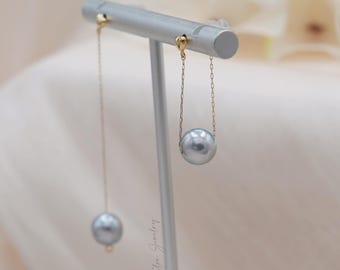 18Kソリッドゴールドタヒチアンパールダングルイヤリング：2in1ドロップデザイン