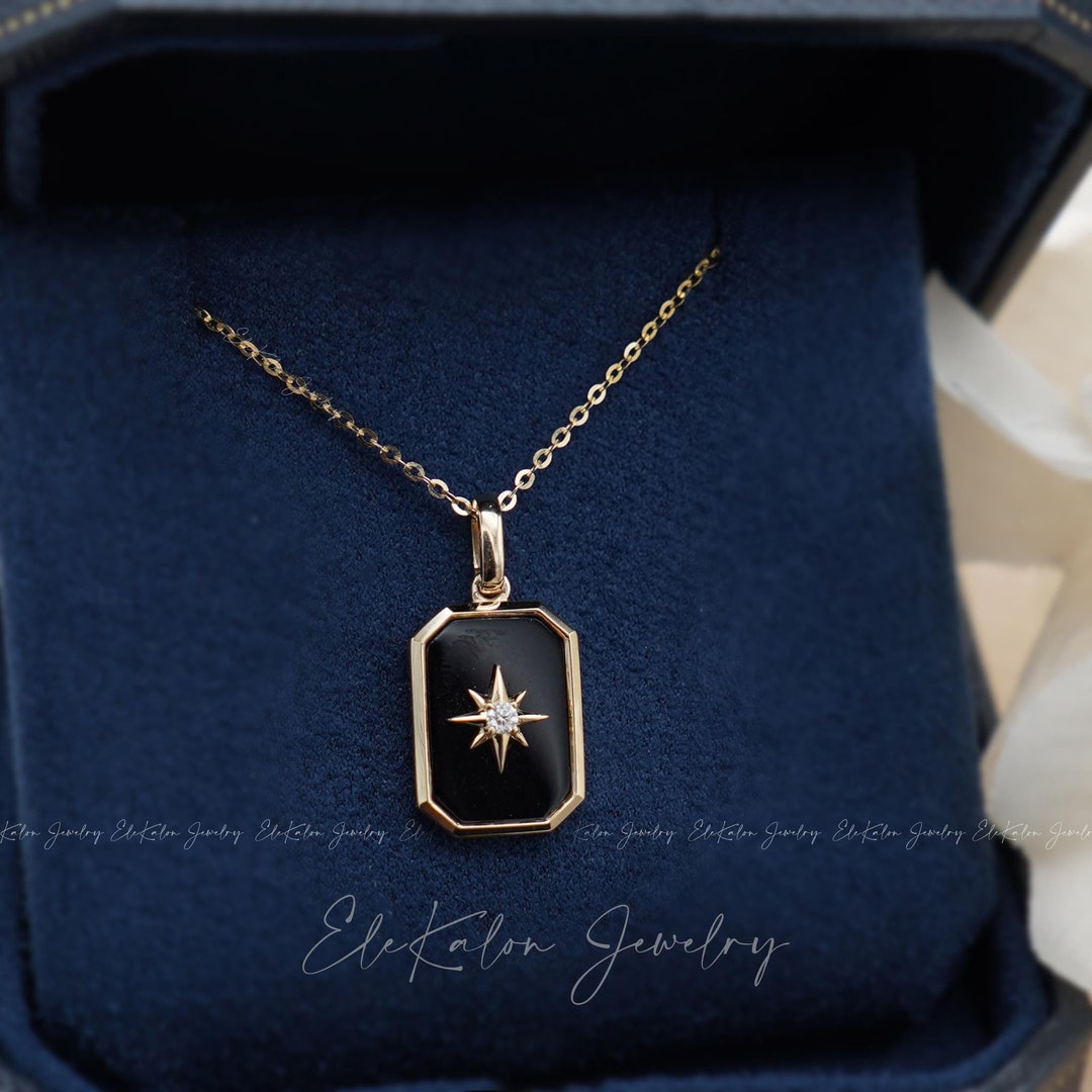 14K Gold North Star Pendant: Black Onyx Gemstone Celestial Charm