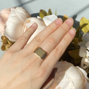 May include: A gold signet ring with a rectangular face and a textured design.