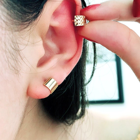14K Solid Yellow Gold Cartilage Earrings Helix Hoop Wide Hoop
