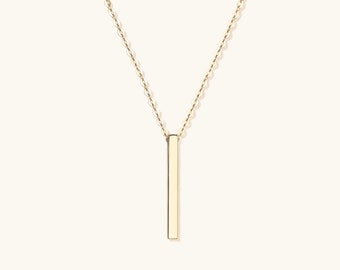 14K Gold Bar Necklace: Long Pendant, Engravable Jewelry