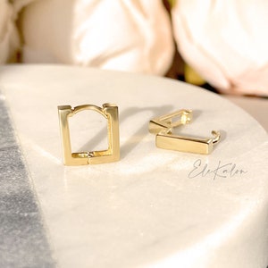 10K Solid Gold Square Hoop Earrings: Dainty Geometric Huggies