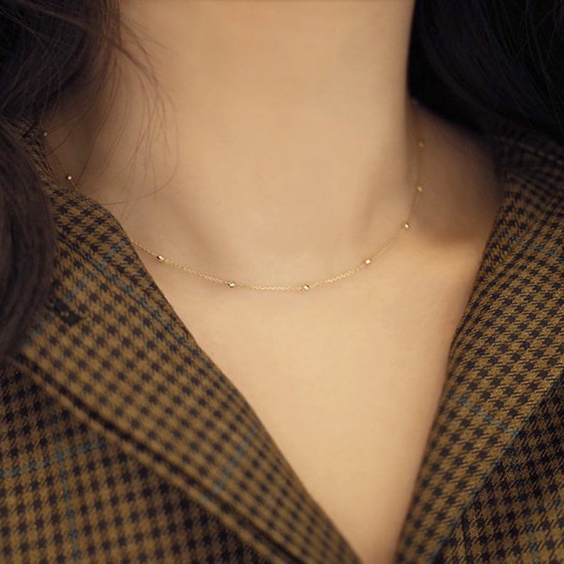 Gold Beaded Necklace 14k Solid Gold Satellite Chain Necklace Etsy