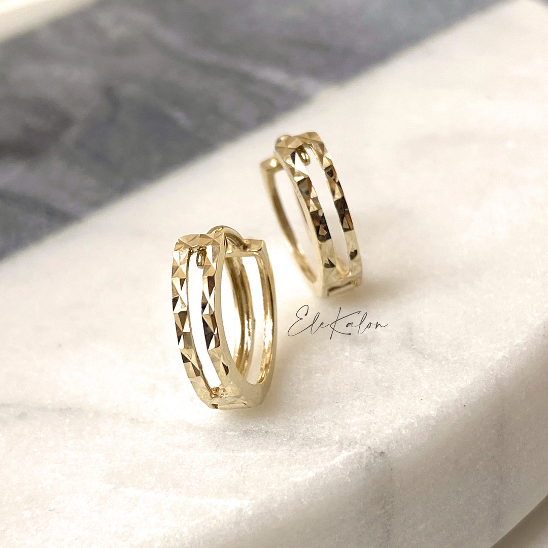 Hoop Earrings,10k Solid Gold Huggie Earrings, Diamond Cut Hoop Earring ...
