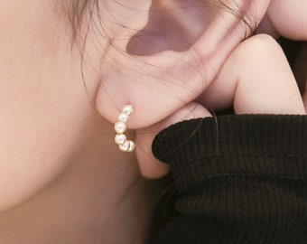 14K Gold Pearl Hoop Earrings: Dainty Huggie Style