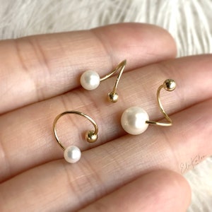 Solid 14K Gold Spiral earrings, Huggie earrings, Small gold hoop earrings, twist earrings, spiral double hoop earrings, pearl hoop earrings