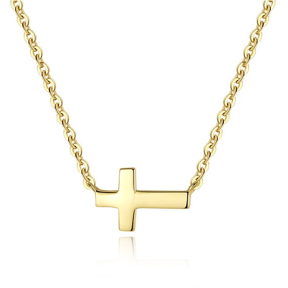 14K Solid Gold Sideways Cross Necklace 