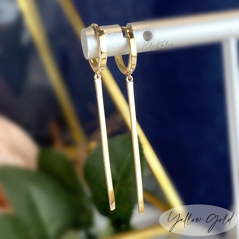 14K Solid Gold Bar Earrings Drop Bar Earrings Long Bar Etsy