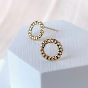 10K Solid Gold Braided Circle Stud Earrings: Geometric Jewelry
