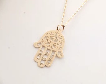 14K Gold Hamsa Pendant, Hand Of Fatima Pendant, Hamsa Necklace, Protection Jewelry, Amulet Charm, Solid Gold Jewelry, Gift Ideas