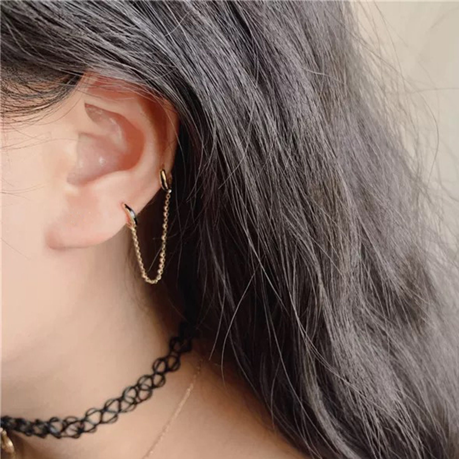 10K SOLID Gold Chain Hoop Earrings 