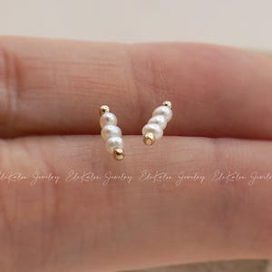 10K Gold Pearl Bar Earrings, Pearl Stud Earrings, Pearl Drop Earrings, Tiny Stud Earrings, Freshwater Pearl Jewelry, Minimalist Earrings
