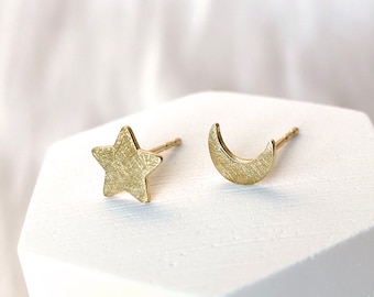 9K Gold Star and Moon Earrings: Mismatched Celestial Studs