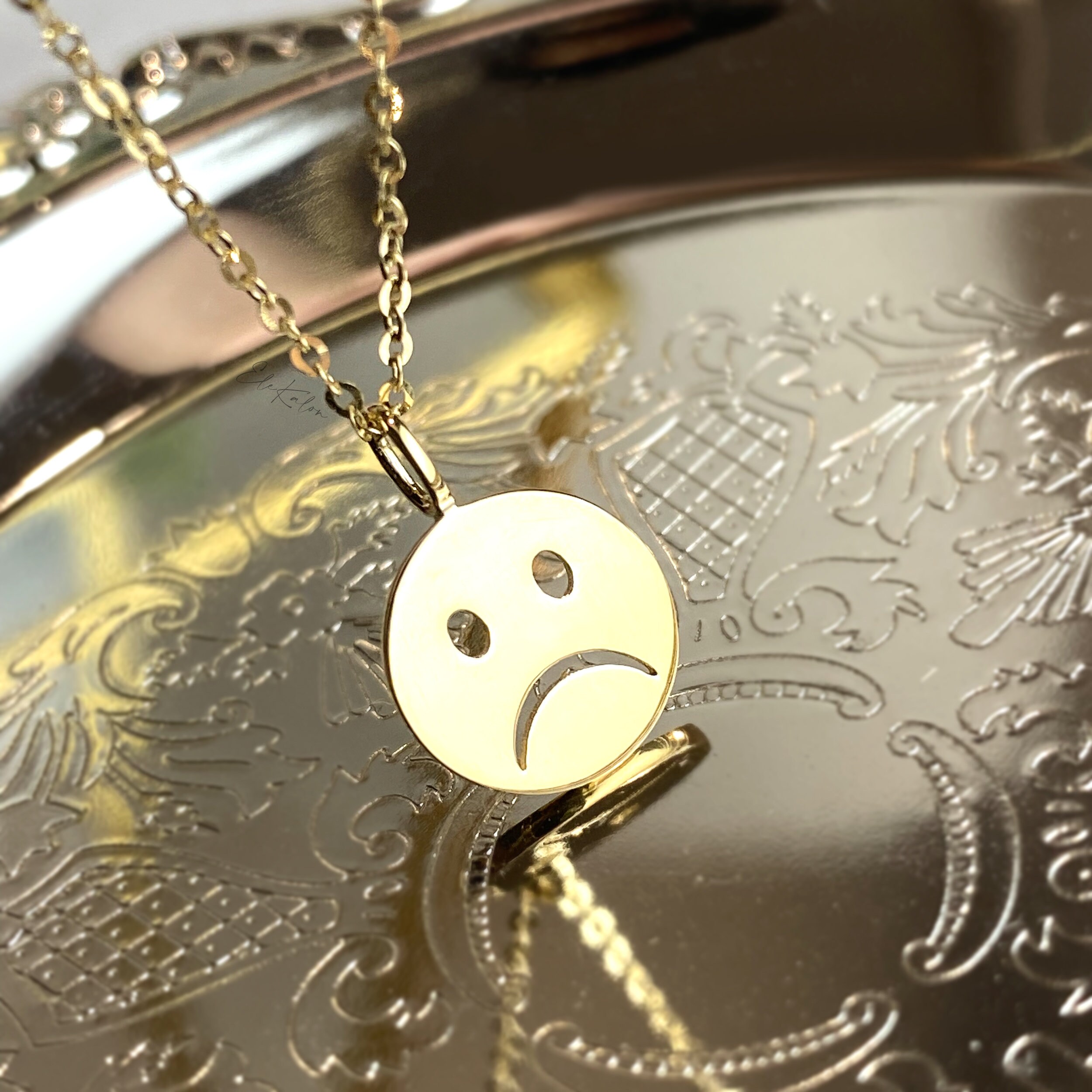 14K Solid Gold Emoji Pendant Sad Face Pendant Emoji Jewelry Etsy Canada