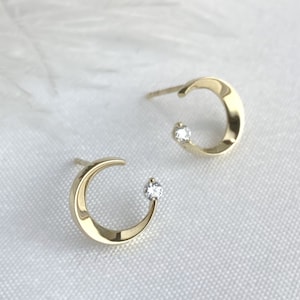 10K Gold Moissanite Moon Stud Earrings: Dainty Celestial Jewelry