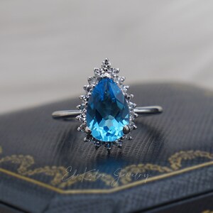 14K Solid Gold Swiss Blue Topaz Diamond Ring, Teardrop Topaz Halo Engagement Ring, Pear Shape Blue Topaz Cocktail Ring, Topaz Bridal Ring