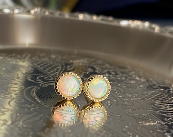 Opal Earrings, 14K Gold Opal Studs, October Birthstone, Dainty Opal Jewelry, Gemstone Earrings, Bezel Set Earrings, Minimalist Earrings