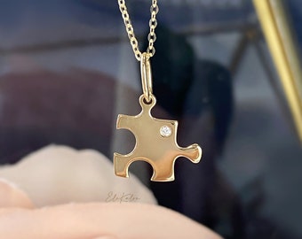 18K Solid Gold Puzzle Pendant, Puzzle Necklace, Puzzle charm, unique charm pendant, minimalist pendant, puzzle piece, diamond pendant