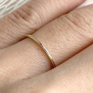 14k Solid Gold Beaded Band Ring: Thin Stacking Wedding Ring