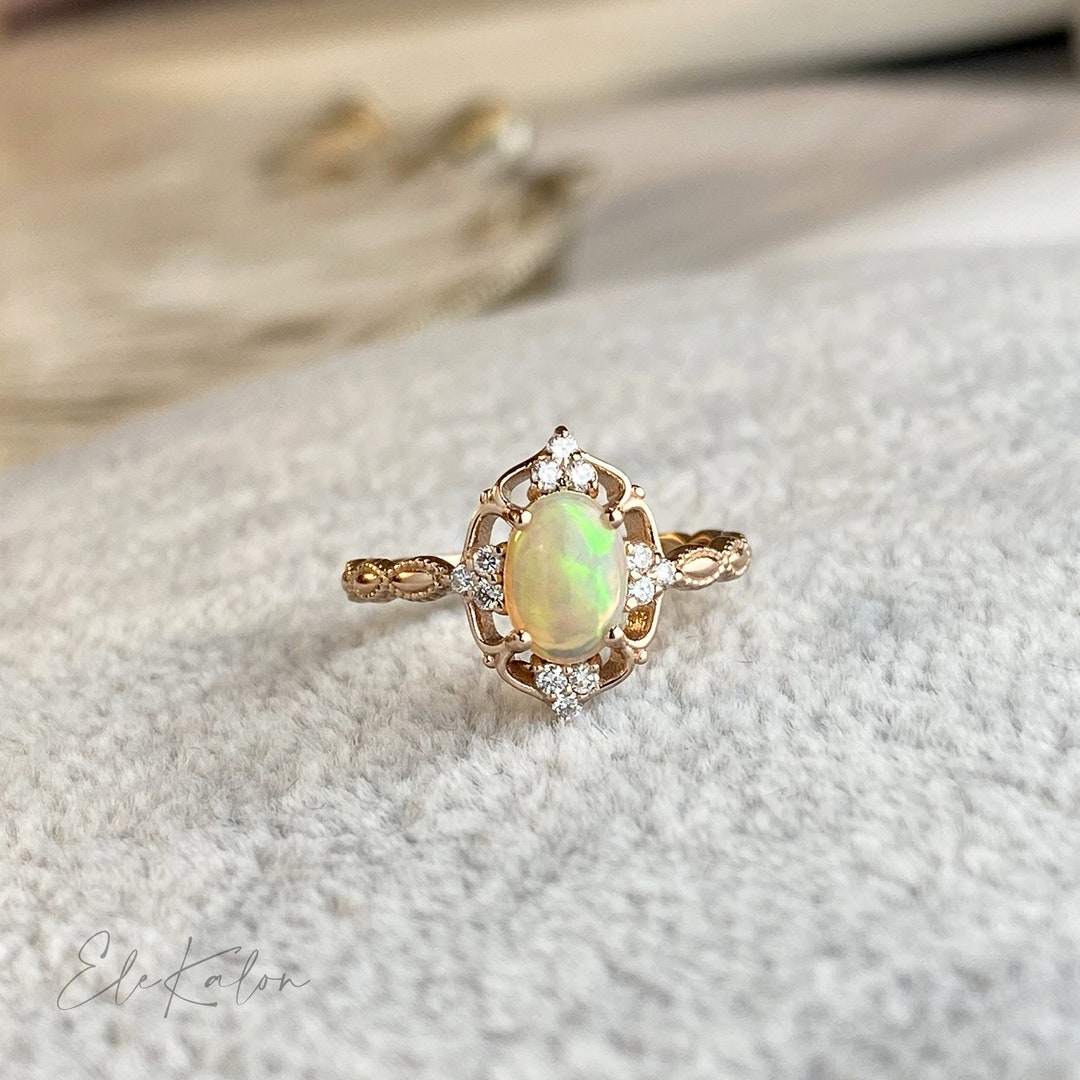 14K Solid Gold Opal Ring Opal Engagement Ring Natural Opal - Etsy
