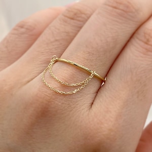 9K Solid Yellow Gold Dangle Chain Ring: Minimalist Stacking Band