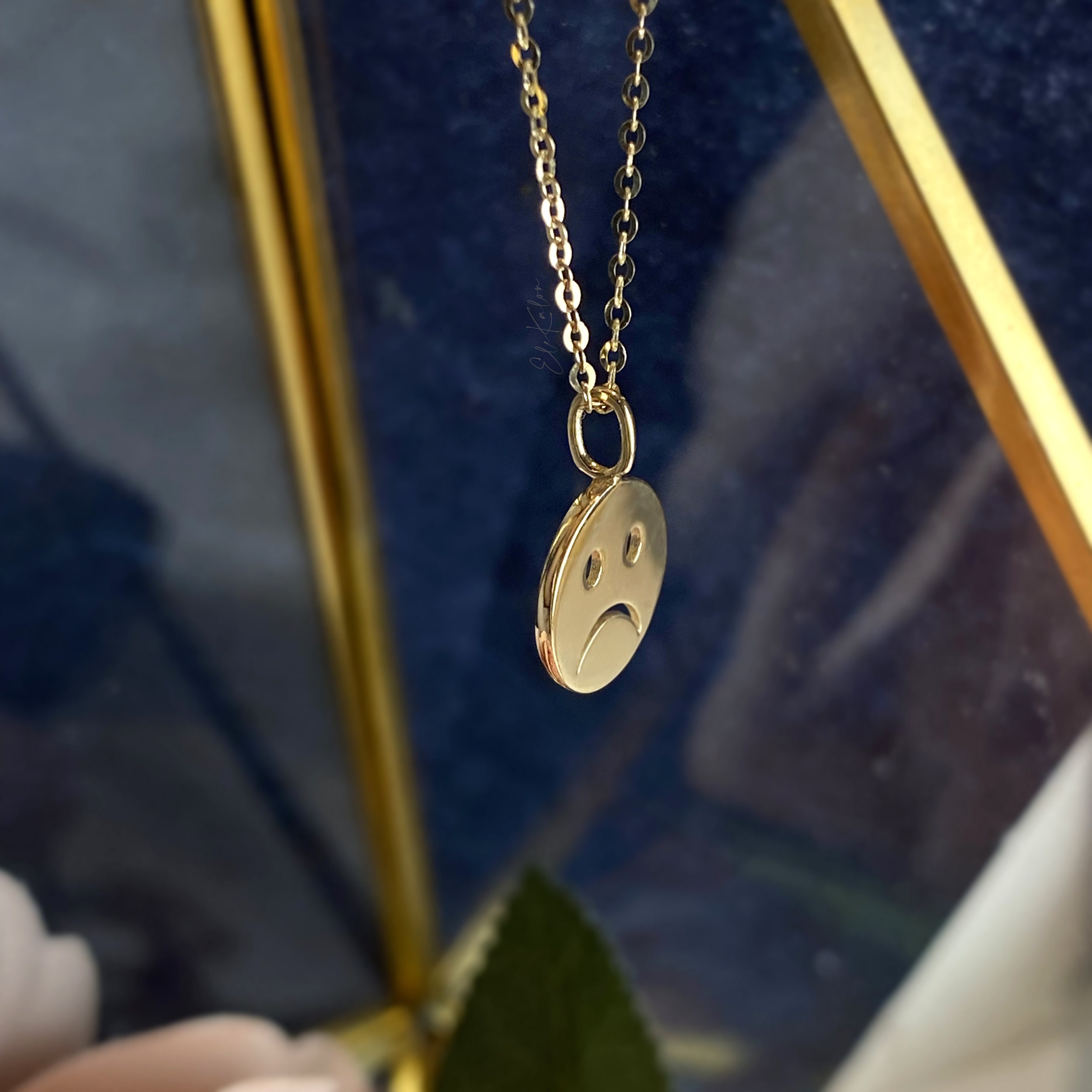 14K Solid Gold Emoji Pendant Sad Face Pendant Emoji Jewelry Etsy Canada