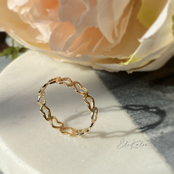 14K Solid Gold Heart Ring, Full Heart Band Ring, Heart Eternity Ring, Infinity Heart Band, Ring for Her, Open Heart Ring, Unique Heart Ring