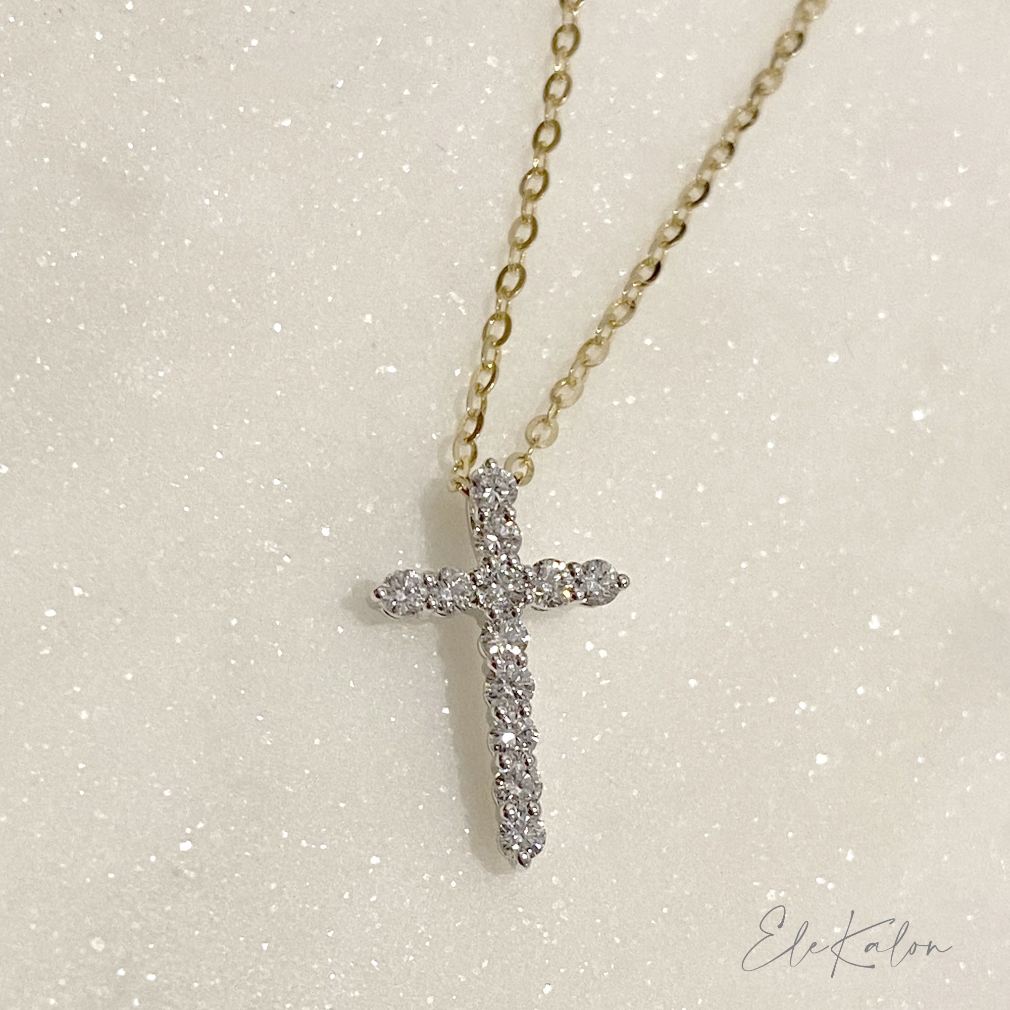 18K Solid Gold Cross Pendant Diamond Necklace Small Cross Etsy