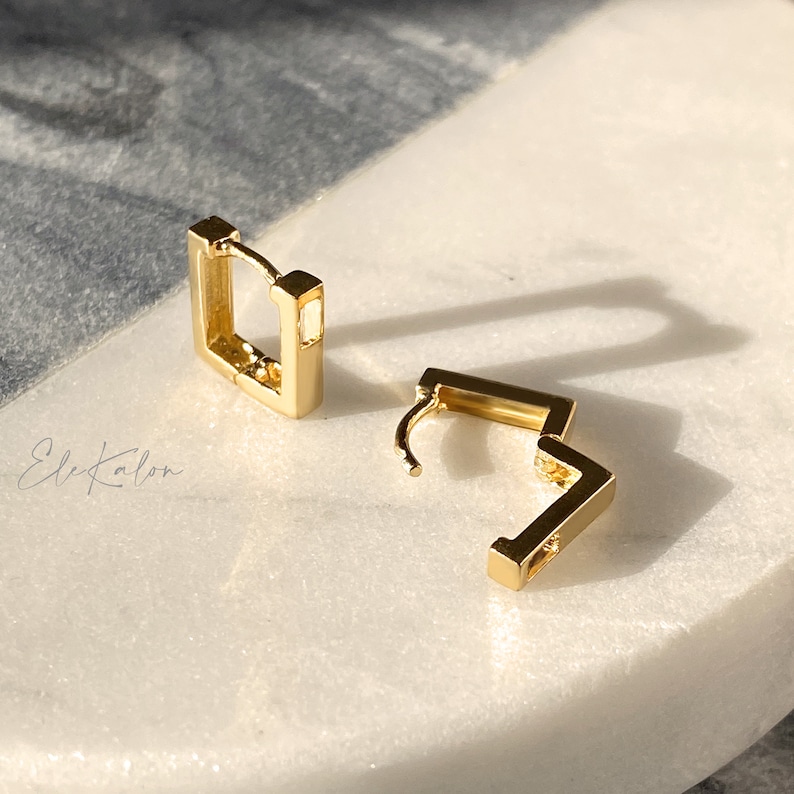 10K Solid Gold Hoop Earrings Square Hoop Earrings Geometric Etsy
