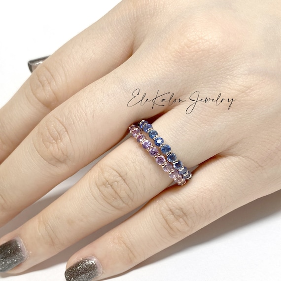 Buy Ombre Natural Blue Sapphire Full Eternity Ring Stacking Minimalist Sterling Silver Thin Gold Band Ring Online in India Etsy