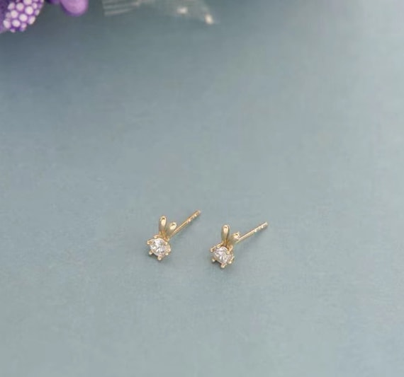 14K Gold Bunny Earrings, Bunny Studs, Rabbit Earrings, Animal Jewelry, Easter Earrings, Nature Lover Gift, Dainty Earrings, Moissanite Studs