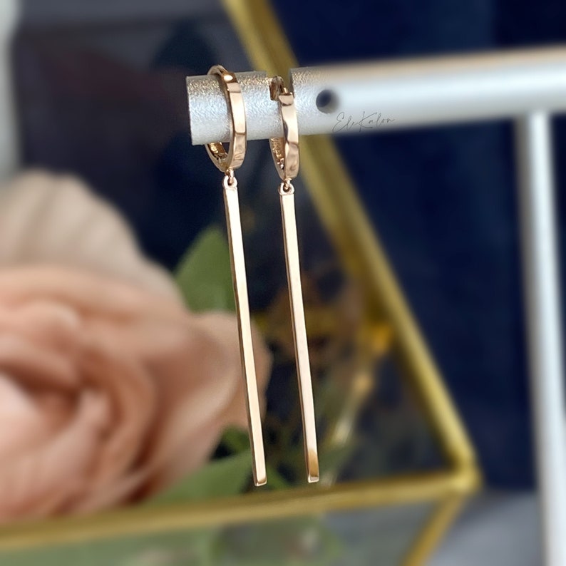 14K Solid Gold Bar Earrings Drop Bar Earrings Long Bar Etsy