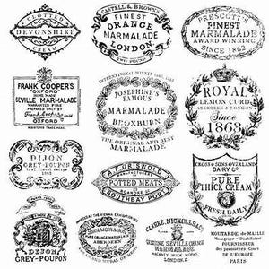 May include: A collection of vintage-style labels with black text on a white background. The labels feature various products, including marmalade, lemon curd, potted meats, and cream. Some labels include the names of the companies that produced the products, such as Frank Cooper's, Castell & Brown, and Prescott's.